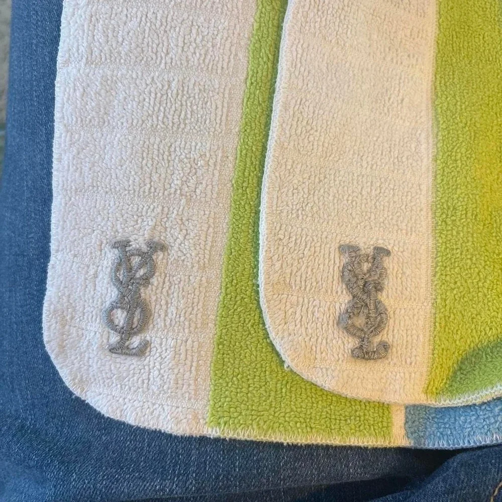 Vintage Yves Saint Laurent YSL Striped Wash Cloths Fieldcrest Green Blue Cream